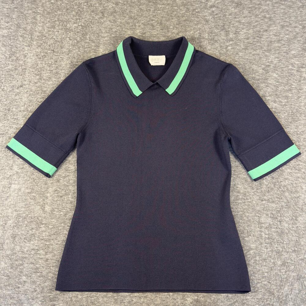 Grey Jason Wu Polo Shirt Womens Medium Blue Contrast Trim Knit Short Sleeve
